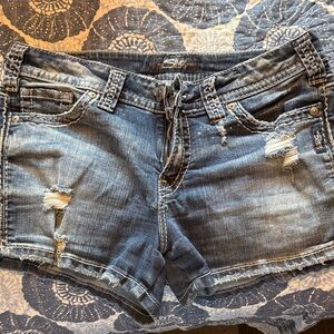 Silver Jeans Faded Blue Distressed Denim Shorts